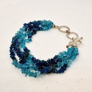 Natural Blue Apatite Gemstone Chip Bracelet, Boho Triple Strand Silver Toggle